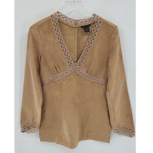 Y2K Babydoll Faux Suede Women Top Blouse Size XS The Limited Boho Crochet Brown